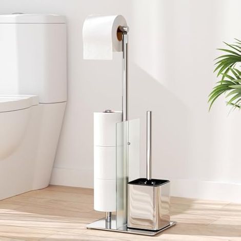 Porte-rouleau de toilette Susswiff avec brosse - Acier inoxydable, verre autoportant, séparateur pour papier et brosse, argent (BSP-1482) (1/5)