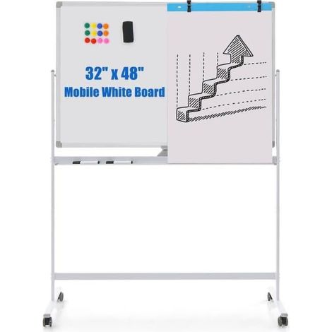 COSTWAY Pizarra Móvil Magnética en Seco 120 x 80 cm, Doble Cara, Soporte sobre Ruedas Bloqueables, Giro de 360 °, Altura Ajustable, Pizarra Blanca, Oficina, Escuela (120x80 cm, blanco) (1/5)