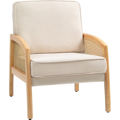 HOMCOM sillón de salón moderno butaca para dormitorio con reposabrazos de ratán cojín extraíble y patas de madera sofá individual carga 120 kg beige (1/5)