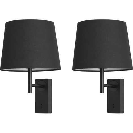Forlight Aura - 2 Apliques de Pared para Dormitorio E27 con Interruptor ON/OFF en la Base. Color Negro con Pantalla de Textil (1/5)