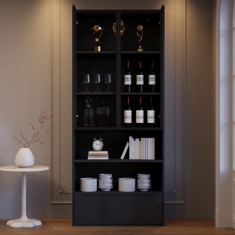 Vetrina 80x34x180 cm nera in MDF e vetro con LED, 1 cassetto e 6 livelli (1/5)
