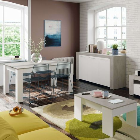 Pack Muebles Comedor Color Cemento Y Blanco Salón Industrial (mesa Centro + Aparador + Mesa Comedor)