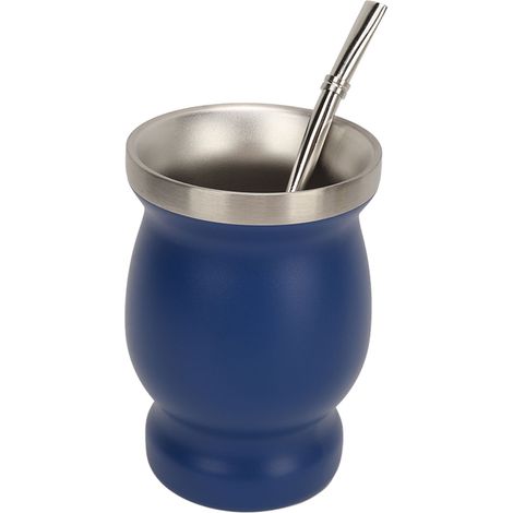 Tasse isotherme en forme de calebasse (230 ml) à double paroi en acier inoxydable avec cuillère, paille et goupillon. Idéale pour le thé, le café et le vin. Couleur : bleu. (1/5)