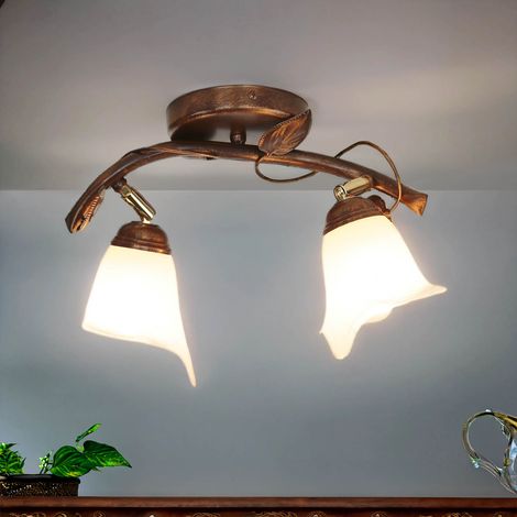 Deckenlampe Wohnzimmer Küche Braun Weiß Shabby Floral Glas Metall