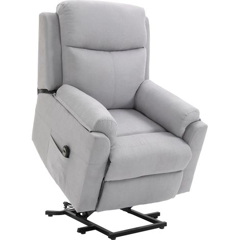 Poltrona elettrica con sollevamento, reclinabile elettricamente con poggiapiedi, schienale reclinabile, telecomando e tasca laterale, portata massima 120 kg, tessuto effetto lino grigio chiaro.