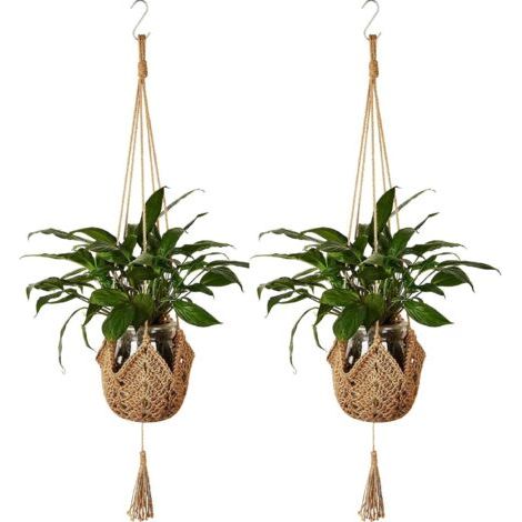 QORVA-Panier suspendu en corde de chanvre tressée marron longueur 105 cm 2 pots de fleurs de jardinage créatifs sac en filet suspendu avec crochet