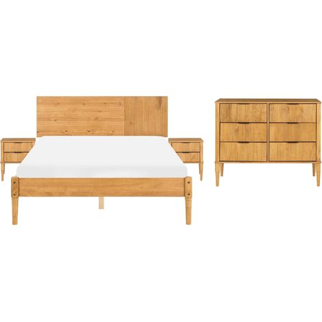 Set da camera da letto in legno di pino con letto matrimoniale 2 comodini e cassettiera a 6 cassetti 120 x 200 cm marrone chiaro Flavignac (1/5)