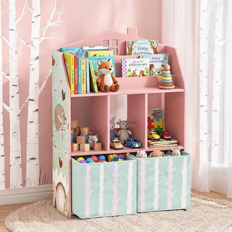 Étagère enfant en MDF rose avec 2 bacs en tissu et présentoir (1/5)