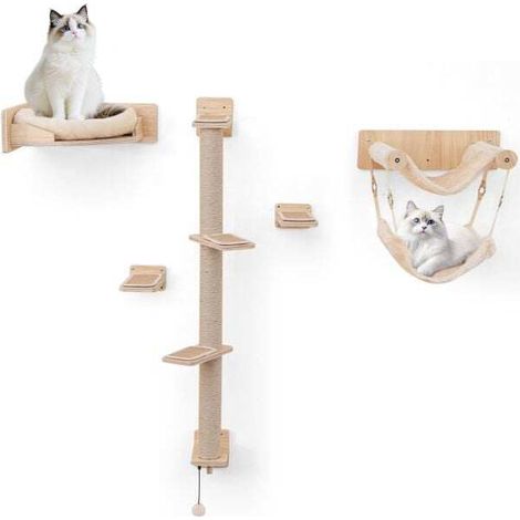 Ensemble d'étagères murales pour chat en bois avec 2 hamacs, un couchage, 3 griffoirs en jute et 5 marches pour intérieur (1/5)