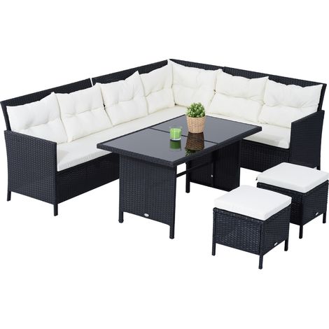 8Seater Garden Rattan Furniture Rattan Corner Dining Sofa Set Wicker Conservatory Furniture Lawn Patio Coffee Table Foot Stool w/CushionBlack (1/5)