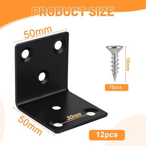 LALAGO 12pcs Équerre d'Assemblage en Acier Inox 50 x 50 x 50mm, Equerre de Fixation Angle Droit Support de L avec 126pcs M416mm Vis, Équerres d'Angle à 90° Noir pour Fixation de Meubles en Bois