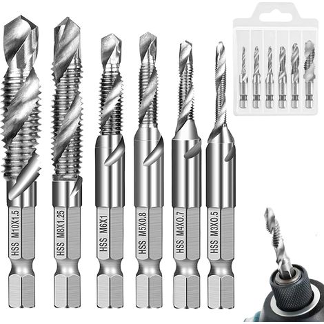 6 Pièces Forets Taraudeurs Combinés Kit, M3 M4 M5 M6 M8 M10 Foret Taraudeur avec Tige Hexagonale, Taraudage avec Revêtement Antirouille Kit, pour Taraudage Simultané, Perçage (1/5)