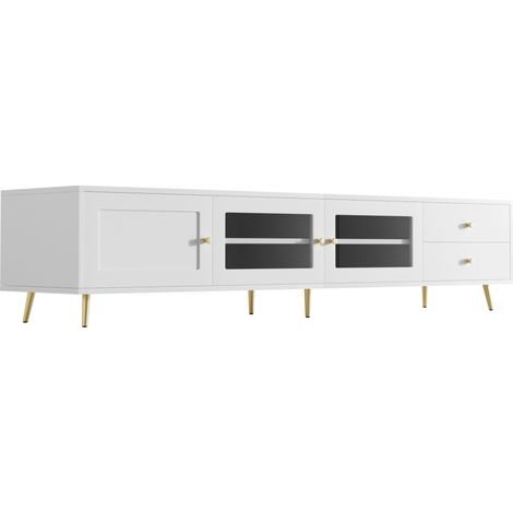 Meuble TV moderne blanc avec 2 tiroirs, 2 portes vitrées et 1 porte, 170×40×28 cm (1/5)