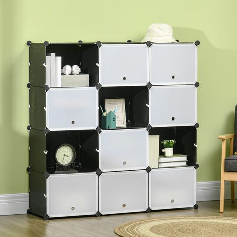 Zapatero modular con 12 compartimentos, puertas y estantes - dimensiones: 125 cm de largo x 32 cm de ancho x 125 cm de alto - color negro
