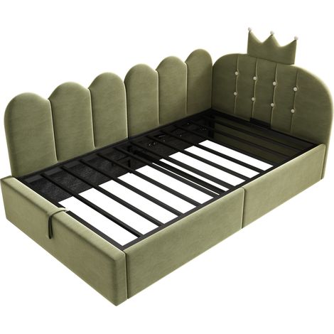 Letto da giorno 90 x 190 cm con contenitore idraulico in velluto verde, struttura a L, HOMVRA (1/5)