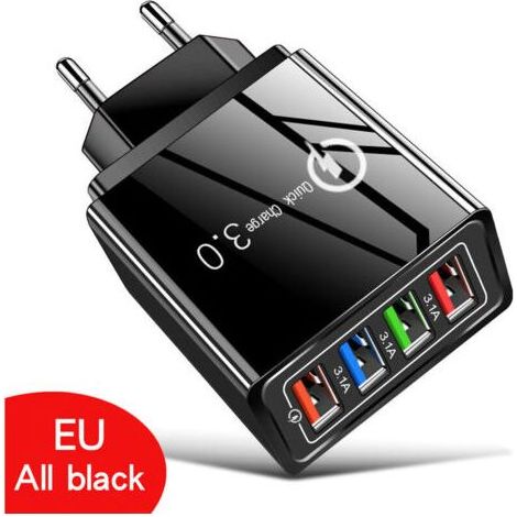 Chargeur multiprise USB 15W 4 Ports USB Chargeur Mural Adaptateur Secteur Adaptateur de Prise de Charge USB Tête de Charge de Voyage Chargeur à Induction - Noir Complet (1/4)