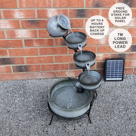 MonsterShop - Fontana Solare a Cascata da Giardino con Batteria di Supporto da 6 Ore Fontanella con Pannello Solare e Picchetto Fontanella a Vasi Fontana con Ciotole - Grigio (1/5)
