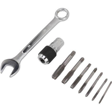 Clé à cliquet M19 avec douille taraudeuse, acier rapide, robuste, durable et économe en effort, et 7 tarauds inclus.