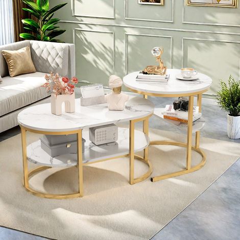 Table Basse salon Ronde–Table Gigogne 2 Pièces Plateau en marbre blanc–Structure métallique–Design minimaliste et fonction de rangement–Moderne (1/5)