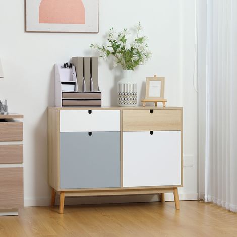 HOMCOM Sideboard, Wohnzimmer-Aufbewahrungsmöbel mit 2 geschlossenen Schränken und 2 Schubladen, Kiefernholz, erhöhte Füße, für Küche, Schlafzimmer, Flur, 100 x 40 x 79,5 cm, mehrfarbig