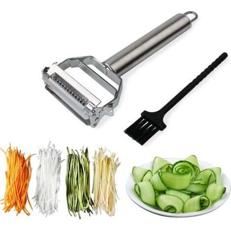 Éplucheur professionnel en acier inoxydable pour légumes et fruits – Coupe-légumes en quartiers avec brosse de nettoyage intégrée, idéal pour carottes, pommes de terre, melons et autres fruits & légum