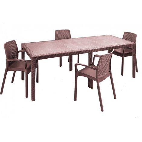 Dmora - Tisch- und Stuhlset Manarola, ausziehbares rechteckiges Außenregal mit 4 Stühlen inklusive, Gartentisch und Sitze in Rattanoptik, 100 % Made in Italy, Braun (1/3)