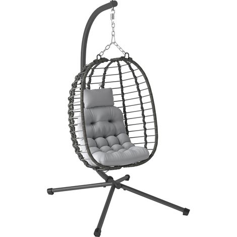 Fauteuil suspendu œuf en rotin avec coussin et appui-tête, hauteur réglable et assise pliable, gris idéal pour aménager votre terrasse, balcon ou jardin, alliant confort et durabilité pour vos mome...