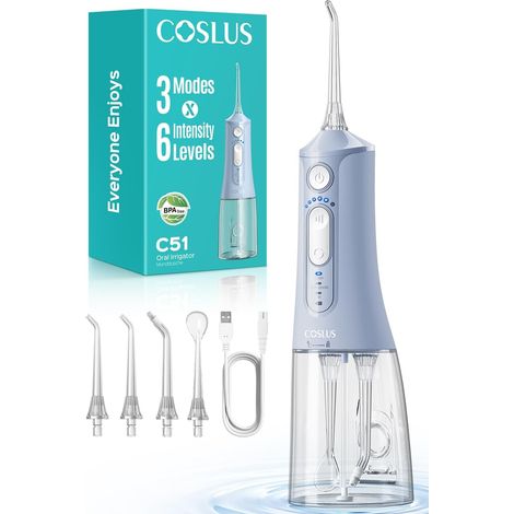 C51 Hydropulseur Portable with Jet, 3 Modes, 6 Niveaux De Pression Jet Dentaire Pour Orthodontie, Appareils Dentaires, Gencives Sensibles, Plusieurs Utilisateurs, Bleu Brillant (1/5)