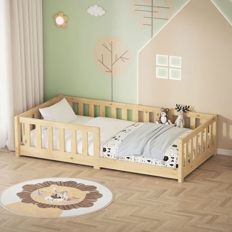 ML-Design Cama de Suelo Infantil 80x160 cm Natural Madera Maciza de Pino con Somier de Láminas y Protección Anticaída Cuna Individual Lecho para Niños y Bebés Mobiliario para Habitación Juvenil (1/5)