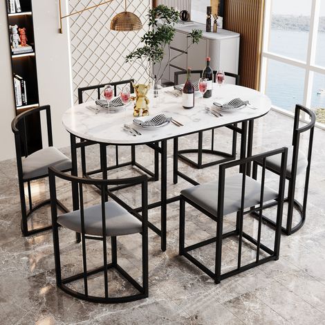 Six-chair Dining Table Set: (White table, Chairs with Backrests and Grey Cushions, Black Iron Frame), Dining Room Table and Chair Set (1/5)