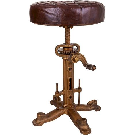 tabouret industriel métal et cuir noir esprit atelier vintage - marron cuir vieilli et bronze atelier (1/5)