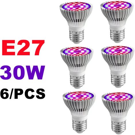 Lampes de croissance pour plantes Ampoule LED de croissance pour plantes (E27 30W, lot de 6 - 85-265 nm) - Spectre complet - Lampe horticole Fitolamp pour serres et cultures hydroponiques.