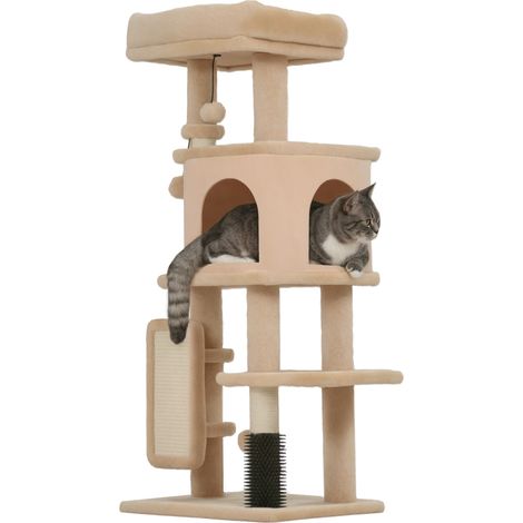 Arbre à chat - PawHut - tapis griffoir, lit, maison, brosse de toilettage, plateformes - panneau de particules - 44x34x104cm - beige