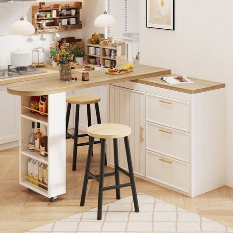 Table de bar pivotante à 360°, étagères réglables, dispositif anti-basculement, 3 tiroirs et une étagère latérale, table haute polyvalente, blanc (1/5)