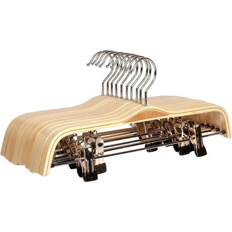 Grucce appendiabiti in legno con clip - Gruccia per gonne/pantaloni - Porta abiti - Clip regolabili antiruggine - Confezione da 10 - Legno naturale (1/5)
