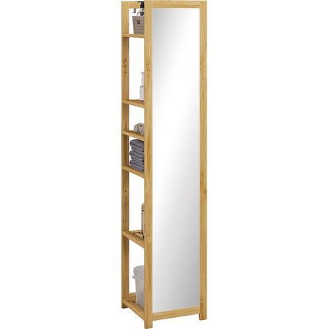 Meuble colonne de salle de bain à 6 niveaux en bambou avec miroir, 6 étagères, naturel, 35L x 35l x 168H cm (1/5)