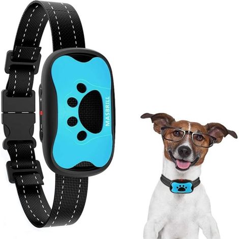 Collier Anti-aboiement Chien, Vibration et Bip Collier Anti-aboiement Dispositif pour Grand Moyen Petit Chiens, Réglable Collier Dressage Automatique 7 Niveaux de Sensibilité - Bleu