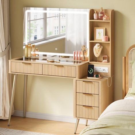 WOLTU Dressing Table, Vanity Makeup Desk LED Mirror and 5 Drawers Open Compartments, Reversible Side Table Yellowish Wood Effect Single Table + Mirror Lights