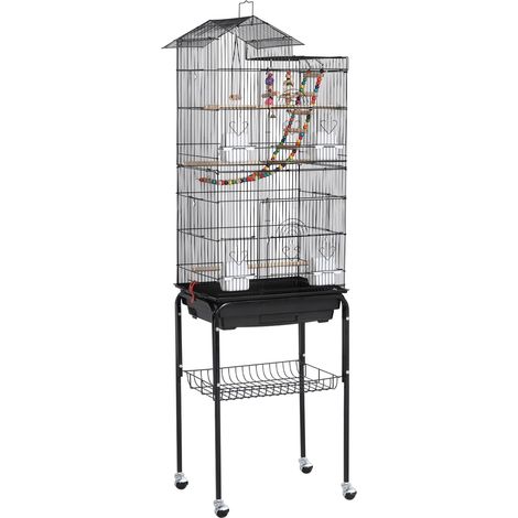 Yaheetech – Cage pour oiseaux sur roulettes 46 x 35,5 x 158,5 cm – Métal peint et bois – Accessoires inclus : 4 mangeoires, 3 perchoirs, 2 jouets, 1 échelle