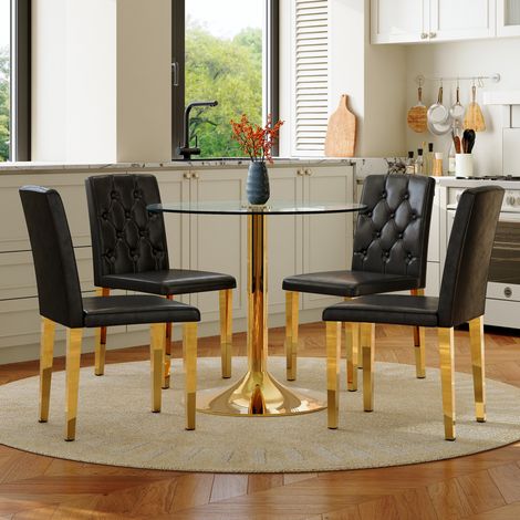 Ensemble repas 85x85x76 cm verre métal noir doré, facile à monter, salle à manger FloraGrace (1/5)