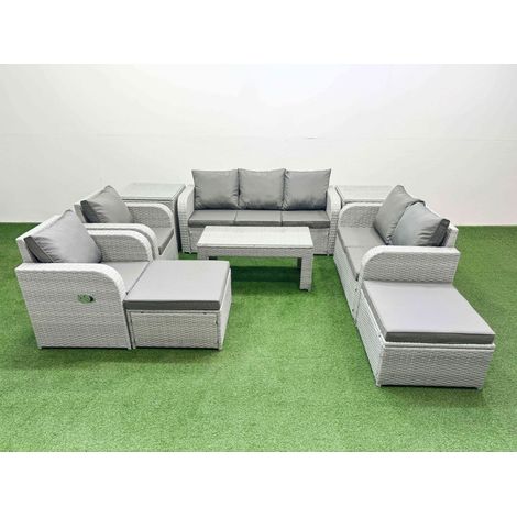 Fimous PE Rattan Garden Furniture Set Adjustable Chair Sofa Double Love Seat 2 Seater Sofa Lounge Set Rectangular Coffee Table 2 Big Footstool 2 Side Table Light Grey (1/4)