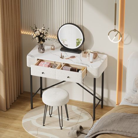 Coiffeuse avec miroir LED et tabouret, 2 tiroirs, plateau effet marbre, noir et blanc, 100 x 40 x 120 cm