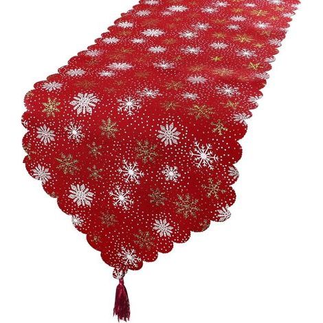 Chemins de table de Noël 35x180 cm - Rouge avec motifs flocons de neige (1/5)