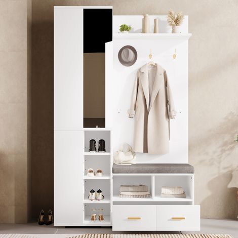 Ensemble vestiaire mural pour entrée avec armoire de couloir et miroir, tringle à vêtements, banc à chaussures avec étagère ajourée, 3 crochets, 2 tiroirs et niche de rangement, blanc, 120×35×190 cm