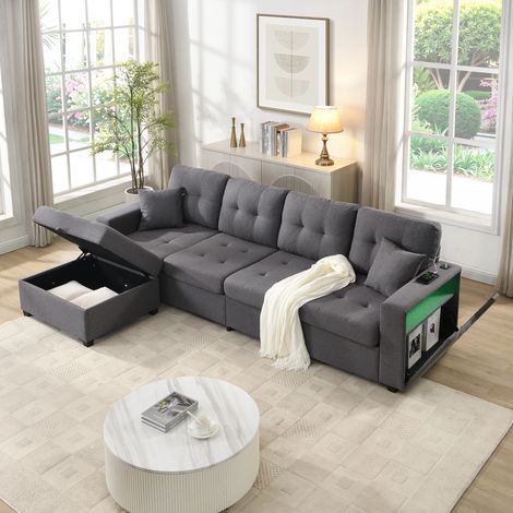 Canapé d’angle xxl 253x144.5x80.7 modulable 4 places en L,ports de charge, LED, pouf coffre mobile, rangements accoudoirs, lin, gris (1/5)