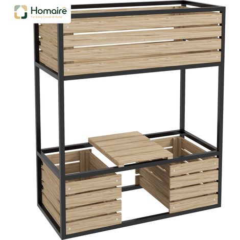 HOMAIRE Hochbeet aus Holz 2-stufiger Blumenkasten mit Ablage erhöhtes Gemüsebeet mit Innenvlies Kräuterbeet hellbraun