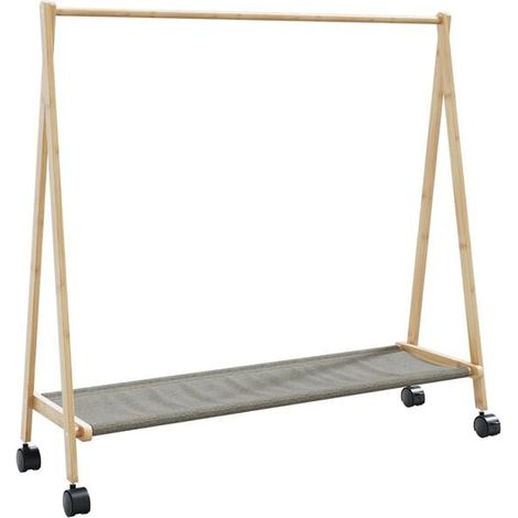 Portant à vêtements avec étagère et roulettes, dimensions : 106 x 34 x 106,5 cm, en bambou. (1/5)