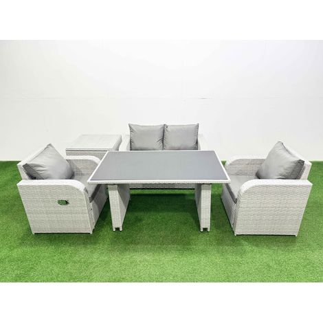 Fimous Outdoor Rattan Garden Furniture Dining Set 4-seater Patio Rectangular Table Love Sofa Reclining Chair Set with Side Table (1/4)
