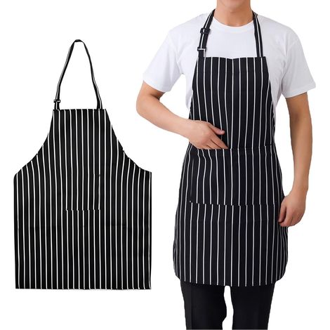 Delantales de cocina de 2 piezas, ajustables con bolsillo, de chef con rayas blancas y negras, para mujer y hombre, ideal para cocina, restaurante, cafetería y jardinería. Blanco y negro. (1/5)