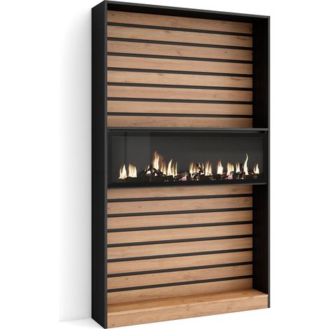 Skraut Home – Étagère bibliothèque chêne et noir – Dimensions 110x25x186cm – Panneaux à lattes en bois – Style moderne pour salon et bureau (1/5)
